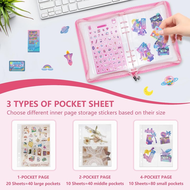 Ruatu Sticker Storage Organizer Binder A5 Reusable Sticker Book Collecting Holder Keeper Album with Pocket Zipper for Adult (pink) - Image 3